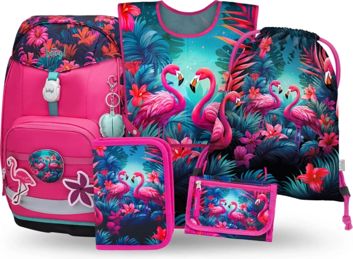 Schoolsset BAAGL Airy Plus Flamingo’s – rugzak, etui, gymzak, schort en portemonnee