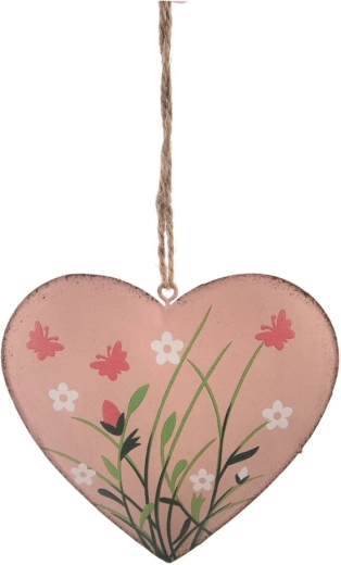 Hangende metalen hartdecoratie met bloemmotief – roze