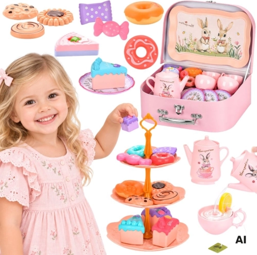 WOOPIE kinderservies voor thee en koffie met konijntjesmotief in een koffertje, 48-delig