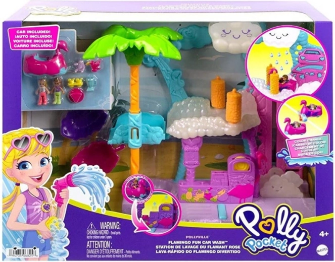 Polly Pocket Flamingo-wasstraat – speelset met auto die van kleur verandert
