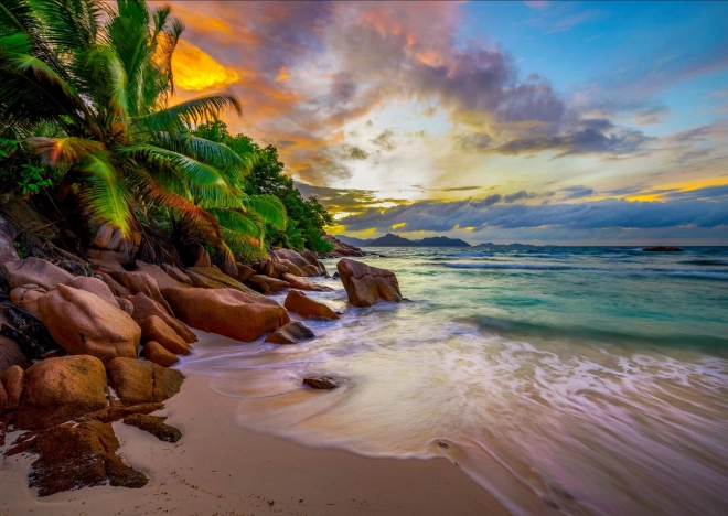 Geniet van puzzel Seychelse stranden bij zonsondergang 1000 stukjes