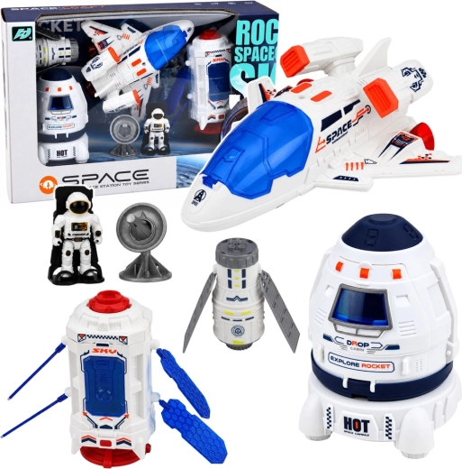 Ruimteset met space shuttle, satelliet, capsule, communicatieantenne en astronaut