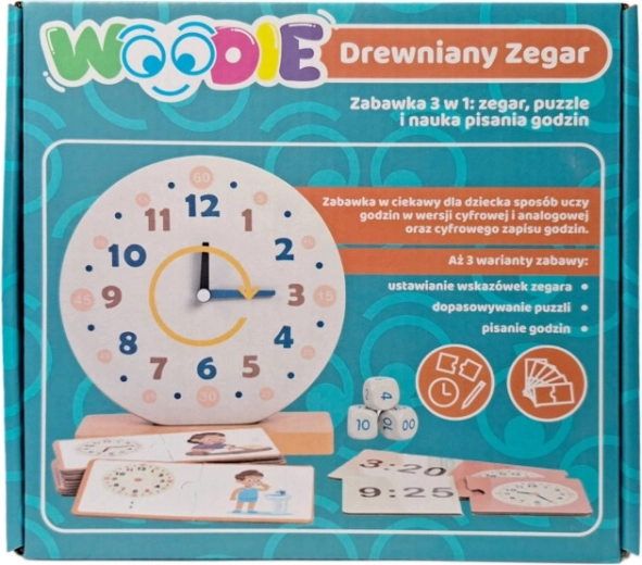 Houten leerklok WOODIE 3-in-1