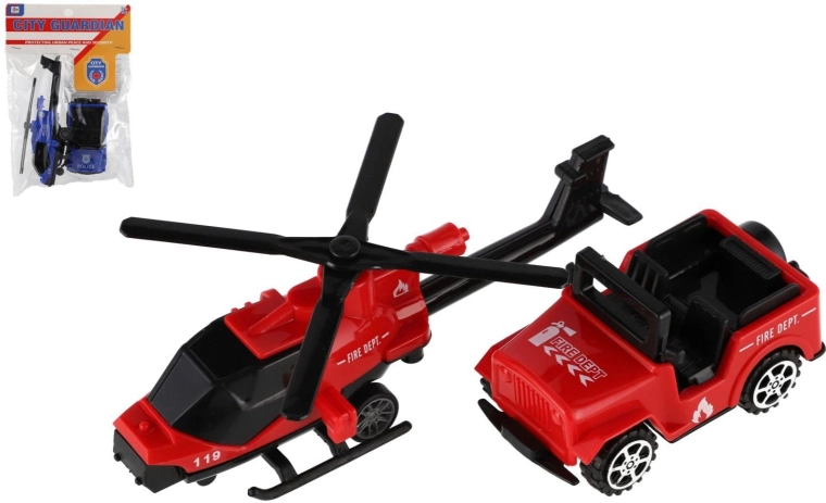 Set voertuigen en helikopter van hulpdiensten