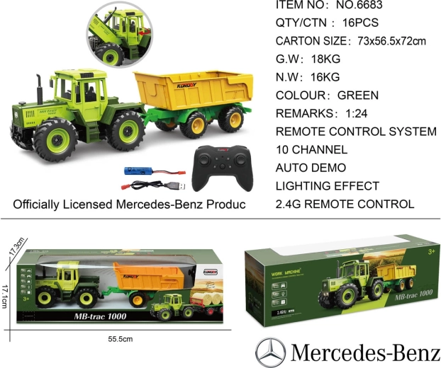 Op afstand bestuurbare groene Mercedes-Benz-tractor met gele aanhanger 1:24