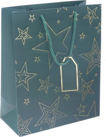 Cadeaupapieren tas met sterrenmotief, groen, 26 × 12 × 32 cm