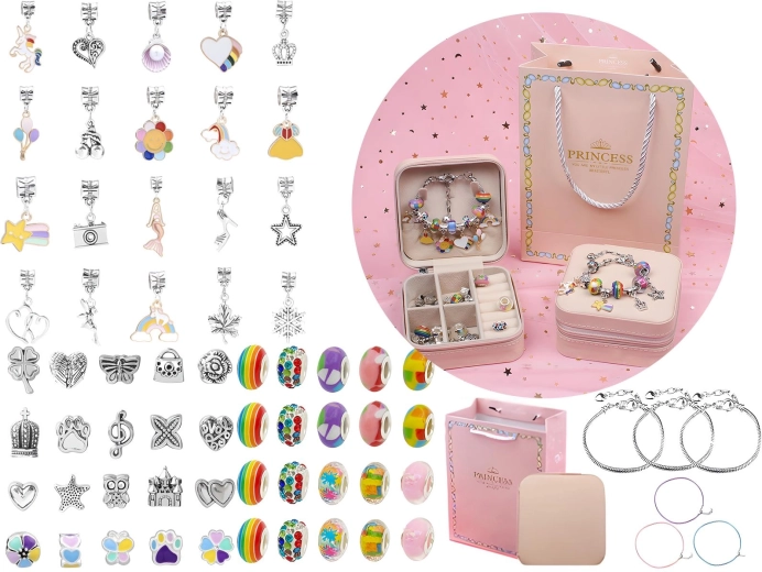 Set voor het maken van sieraden en armbanden met bedels en kralen – regenboogmix met etui