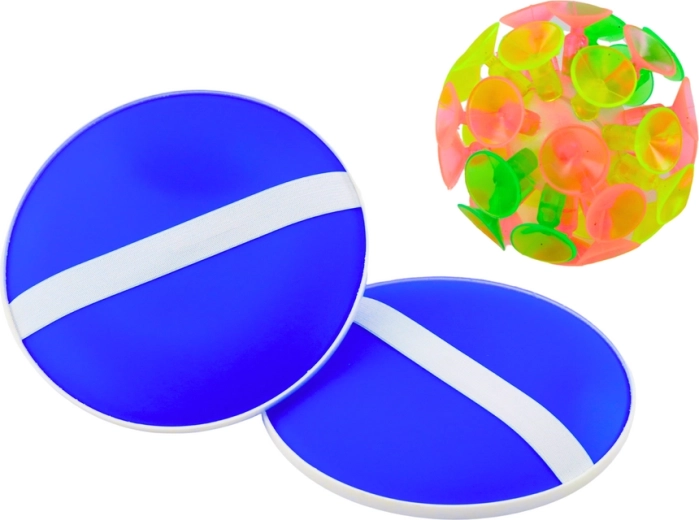 Behendigheidsspel met ronde blauwe rackets en zuignap bal