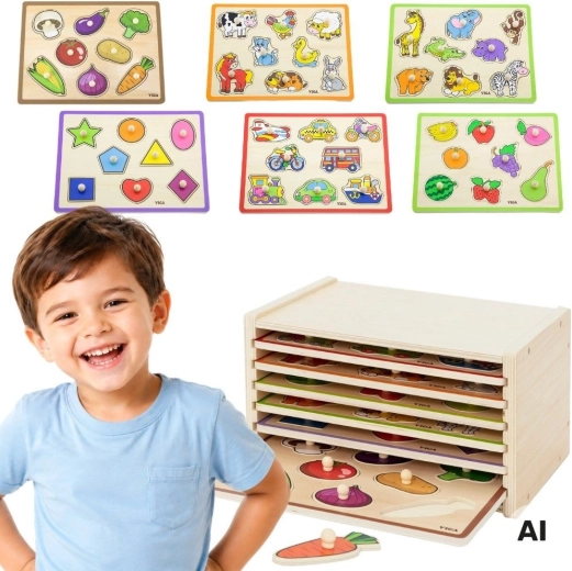 VIGA houten insteekpuzzels met handgrepen en standaard (6 borden)