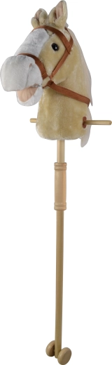 Beige stokpaard met geluiden en wieltjes, afneembare houten stok (95 cm)