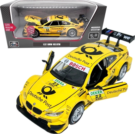 Metalen model BMW M3 DTM 1:32 geel met licht en geluid