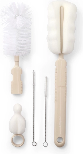 Babyono set borstels voor babyflessen en spenen met afneembare handgreep beige
