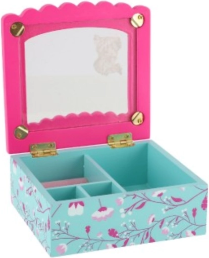 Houten sieradendoos met bloemen en spiegel, turquoise‑roze
