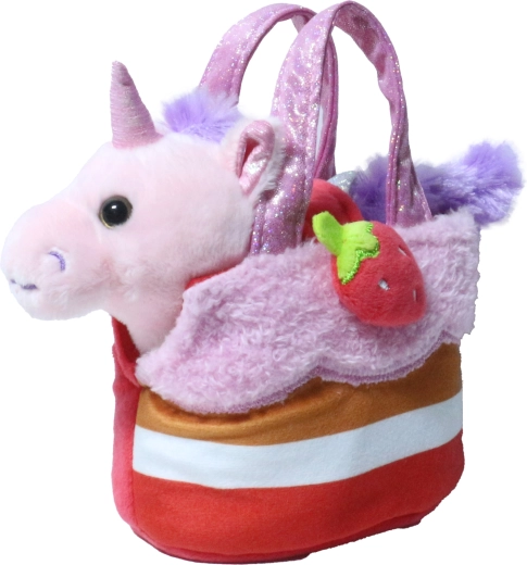Roze pluchen eenhoorn in aardbeienhandtas