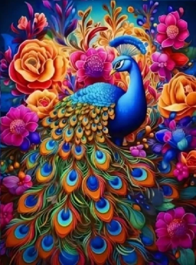 Diamantschilderij pauw met kleurrijke bloemen 30 × 40 cm
