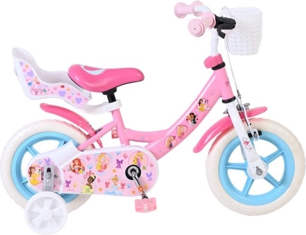 Kinderfiets 12" Disney Princess met zijwieltjes, mandje en poppenzitje