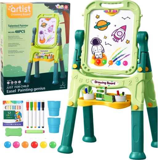 Dubbelzijdig magnetisch en krijtbord op standaard voor kinderen, 48-delig