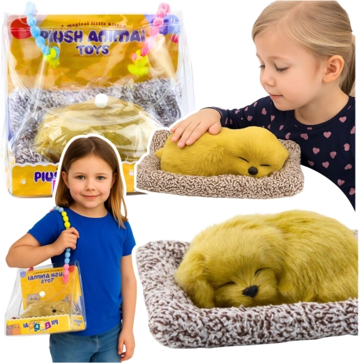 slapend labradorpuppy op kussentje met pluizige vacht in draagtas