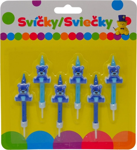 Verjaardagskaarsjes met blauwe beer en houder, 6 stuks
