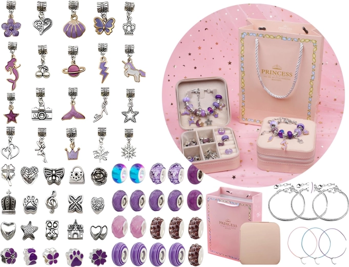 Set voor het maken van armbanden en sieraden met kralen en bedeltjes in paarse tinten met etui