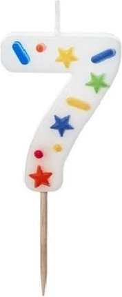 Verjaardagskaars cijfer 7 wit met confetti 5,5 cm