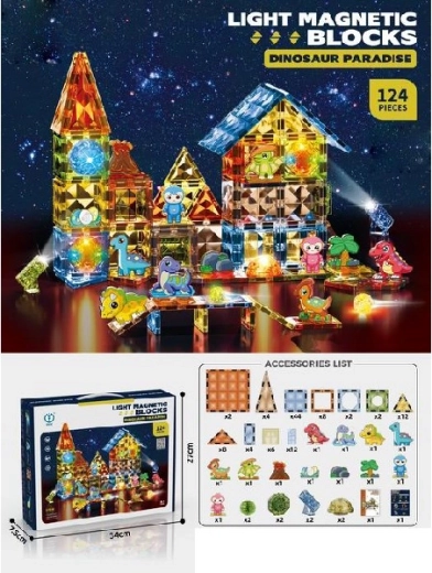 Magnetische bouwset Dino met lichtelementen, 124 onderdelen