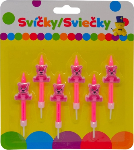 Verjaardagskaarsjes met roze beertje op houder, 6 stuks