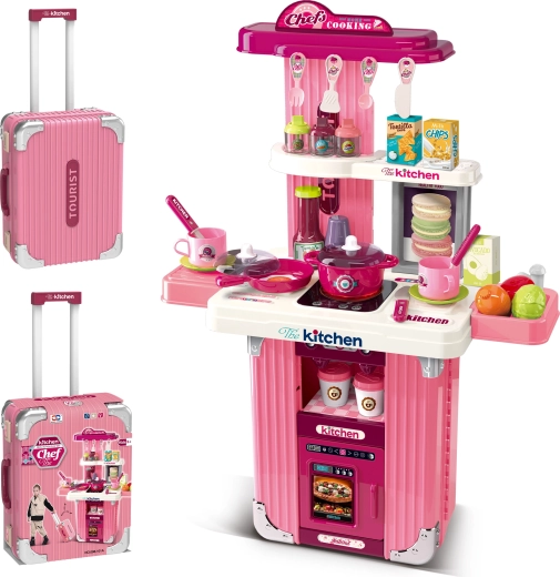 2-in-1 koffertje en kinderkeukentje met accessoires – roze