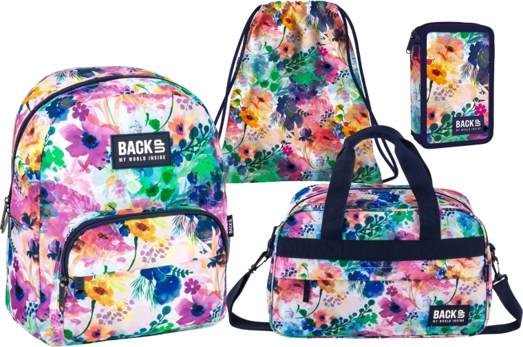 Voordelige schoolset BackUP Spring Flowers 4-in-1 – rugzak, gevulde etui, gymtas en sporttas