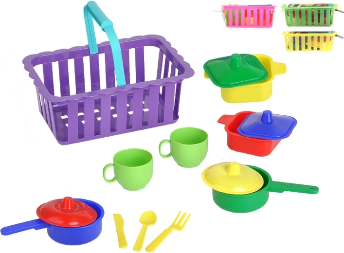 Kinderset servies in mand – meerkleurig, netverpakking