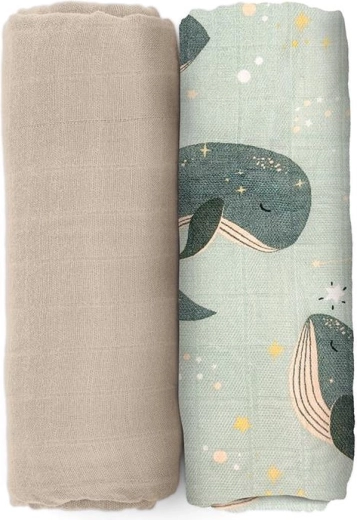 Petite&Mars bamboe mousseline inbakerdoeken Misty whale song 120 × 120 cm (2 stuks)