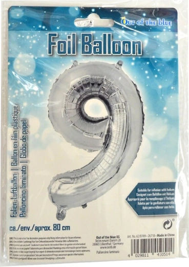 Zilveren folieballon cijfer 9, 80 cm