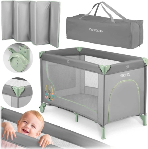 Reisbedje voor kinderen Kikkids grijs-mint 125 × 65 × 78 cm met matras en tas