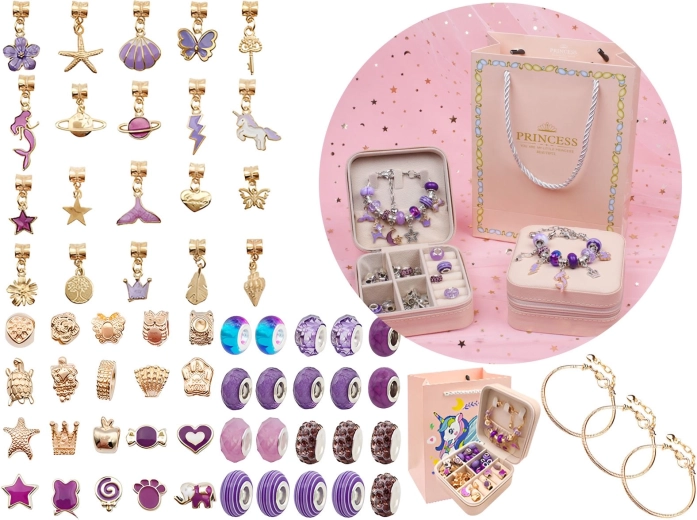 Set voor het maken van sieraden en armbanden met kralen en bedels in paarse tinten