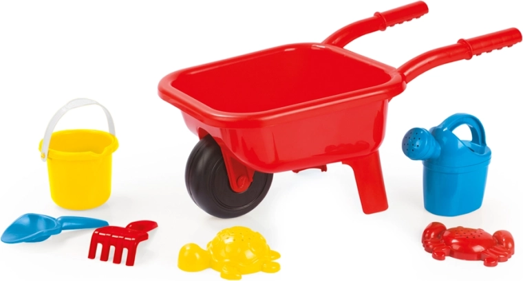 Rode kunststof kinderkruiwagen voor zand met set van 7 stuks