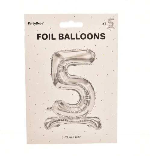 Staande folieballon cijfer 5 zilver 70 cm