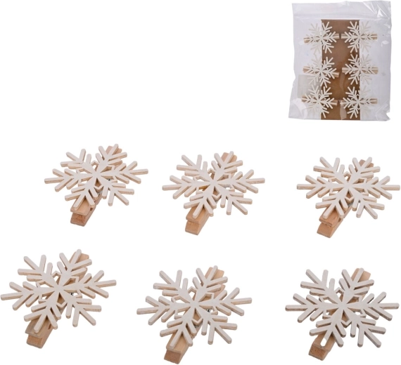 Houten decoratieve knijpertjes met witte sneeuwvlok 6 stuks
