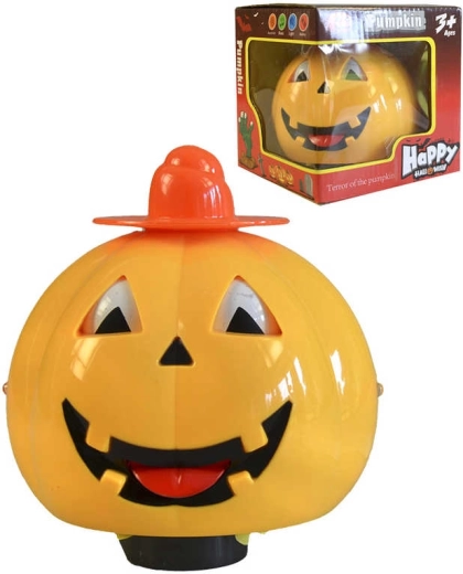 Gele Halloweenpompoen met licht en geluid 13 cm