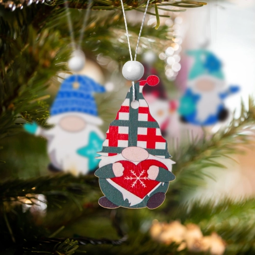 Set houten hangende kerstdecoraties in de vorm van kabouters, 12 stuks