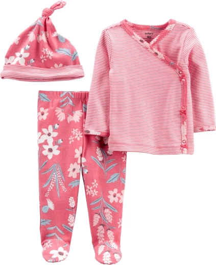 Carter’s meisjesset Pink Flower – wikkelshirt met lange mouwen, broek met voetjes en muts