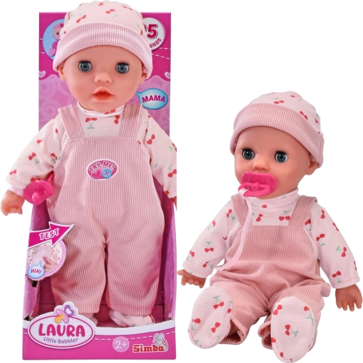 Interactieve pop Laura, schattige brabbelende baby met geluiden en fopspeen, 30 cm