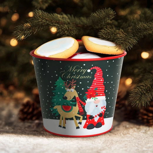 Metalen kerstbloempot met elfjesmotief 13 × 11 cm