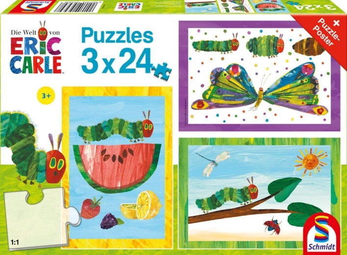 Kleine Raupe Nimmersatt – rups, cocon, vlinder, puzzel 3×24 stukjes