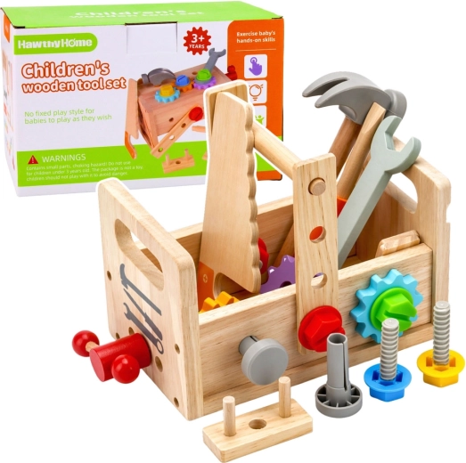 Houten kindergereedschapskist met gereedschap en tandwielen