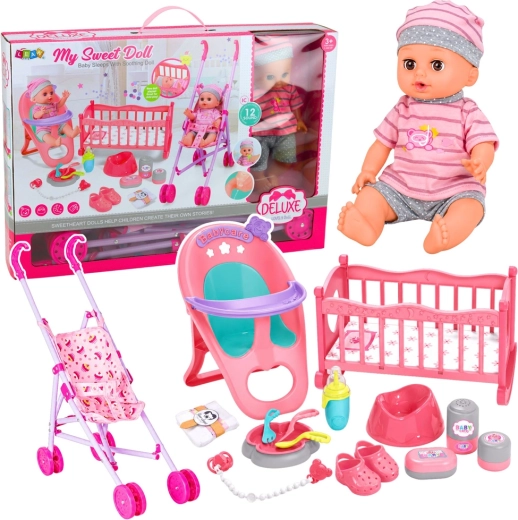 Interactieve baby-pop met kinderwagen, wieg en accessoires 3-in-1