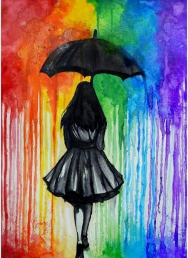 Schilderen op nummer op canvas met lijst 40 × 50 cm – figuur in kleurrijke regen
