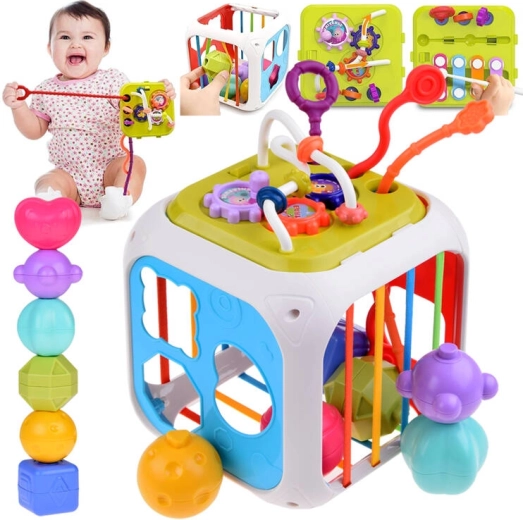 Educatieve actieve kubus met vormensorteerder en cimbalen