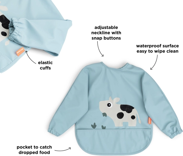 Done by Deer slabbetje met mouwen en zakje Tiny farm blauw