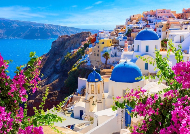 Puzzel Santorini met bloemen, Griekenland 1000 stukjes