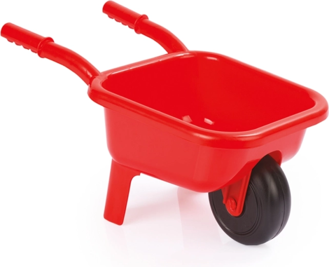 Rode kunststof kinderkruiwagen voor in de tuin
